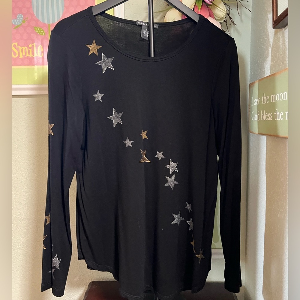 Chelsea & Theodore Black Top with Gold and Silver Stars #049